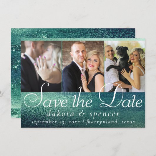Glitzy Foil | Green Aqua Sparkone 3 Foto Save The Date (Vorne/Hinten)