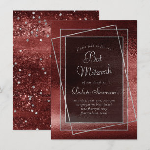 Glitzy Foil   Henna Crimson Red Bar or Bat Mitzvah Einladung