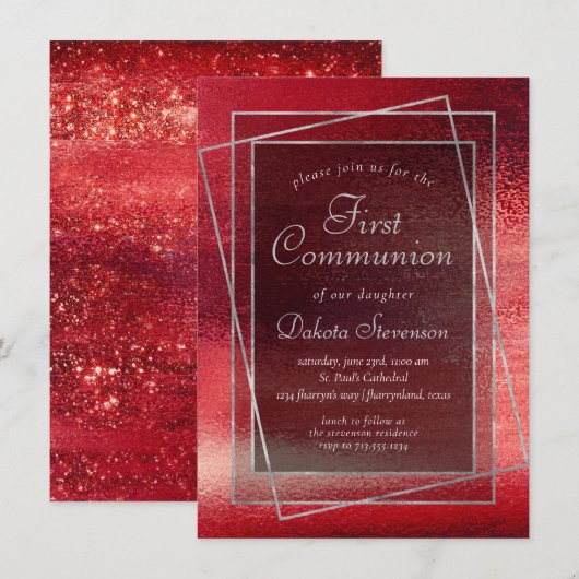 Glitzy Foil | Henna Crimson Red First Communation Einladung (Vorne/Hinten)