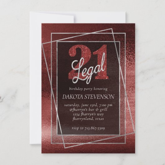Glitzy Foil | Henna Crimson Red Glam 21 und Legal Einladung (Vorderseite)