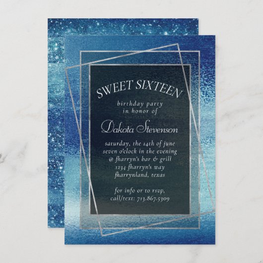 Glitzy Foil | Ice Blue Faux Iridescent Sweet 16 Einladung (Vorne/Hinten)