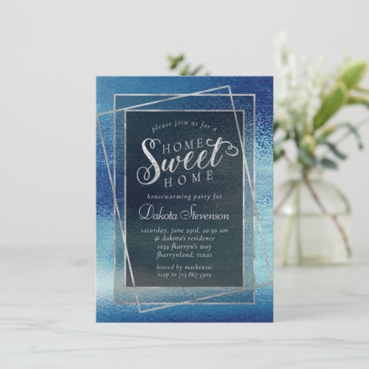 Glitzy Foil | Ice Blue Iridescent Housewarming Einladung (Stehend Vorderseite)