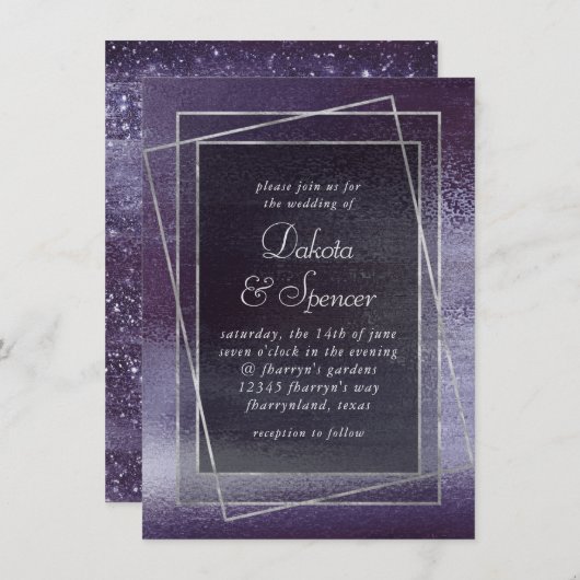 Glitzy Foil | Indigo Purple Sparkle Glam Wedding Einladung (Vorne/Hinten)