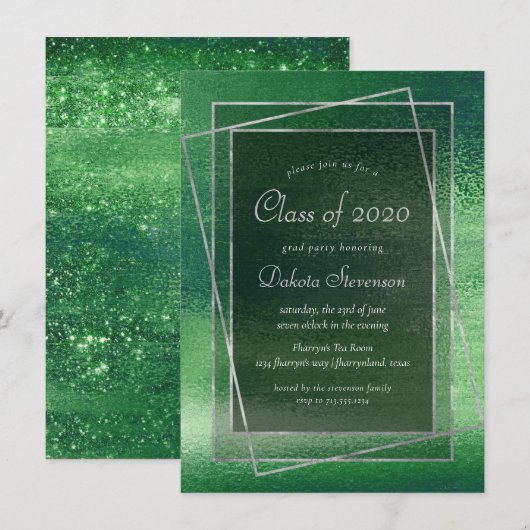 Glitzy Foil | Kleeblatt Green Sparkle Abschluss Einladung (Vorne/Hinten)