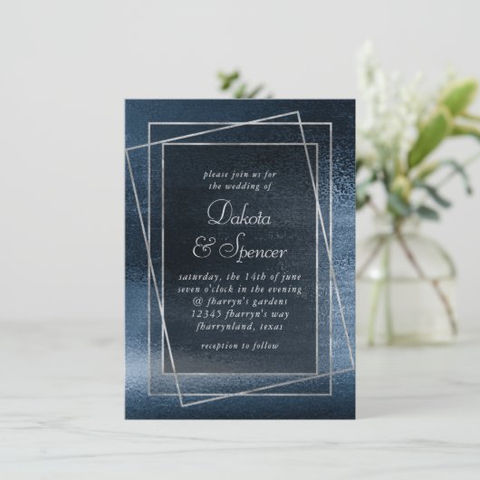 Glitzy Foil | Navy Blue Faux Glam Metallic Wedding Einladung (Stehend Vorderseite)