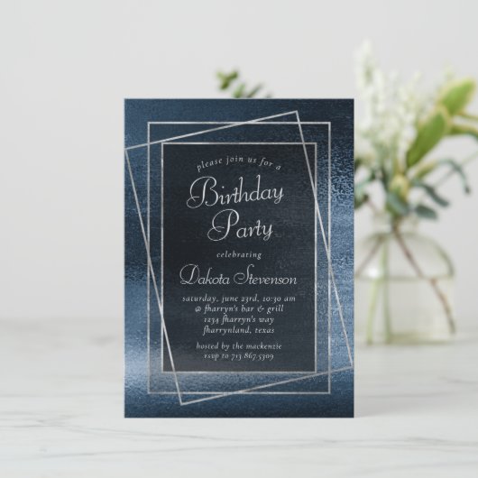 Glitzy Foil | Navy Blue Glitter Sparkle Birthday Einladung (Stehend Vorderseite)