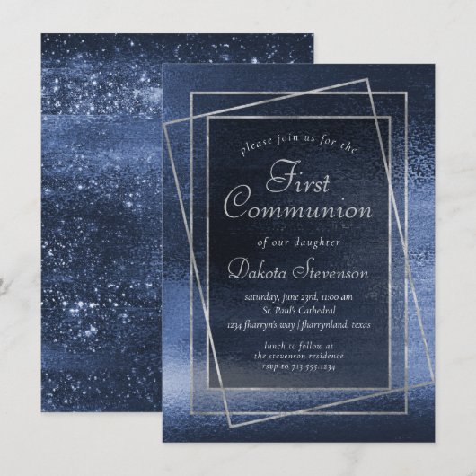 Glitzy Foil | Navy Blue Glitzer First Communation Einladung (Vorne/Hinten)