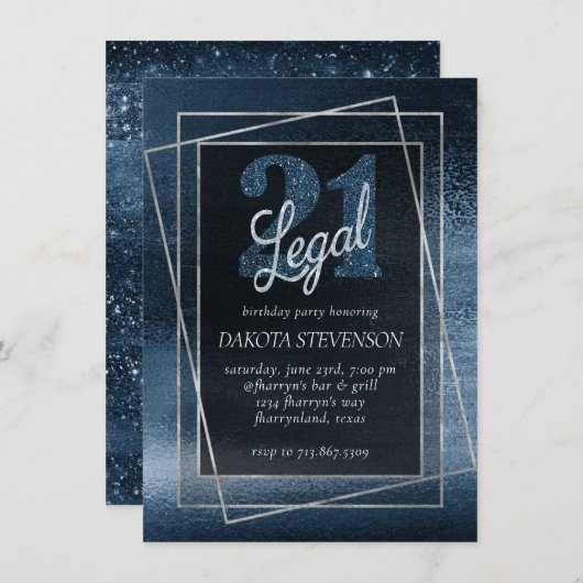Glitzy Foil | Navy Blue Imitats Glitzer 21 und Rec Einladung (Vorne/Hinten)