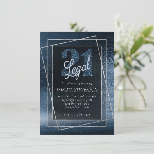 Glitzy Foil | Navy Blue Imitats Glitzer 21 und Rec Einladung (Stehend Vorderseite)