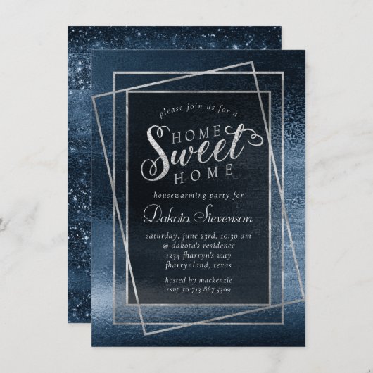 Glitzy Foil | Navy Blue Sparkle Home Sweet Home Einladung (Vorne/Hinten)