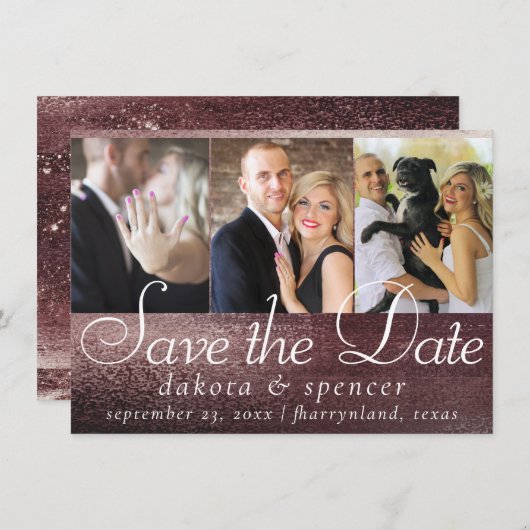 Glitzy Foil | Rose Gold Mauve Blush Glam 3 Foto Save The Date (Vorne/Hinten)