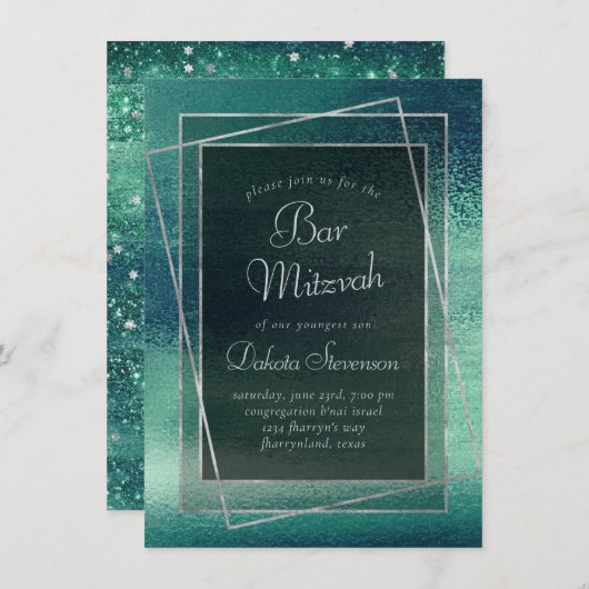 Glitzy Foil | Seafoam Iridescent Green Bar Mitzvah Einladung (Vorne/Hinten)