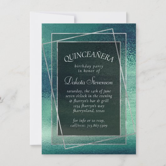 Glitzy Foil | Seafoam Iridescent Green Quinceanera Einladung (Vorderseite)