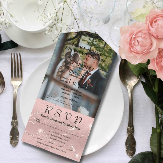 Glitzy Funkelnd Blush Pink Silver Foto All In One Einladung