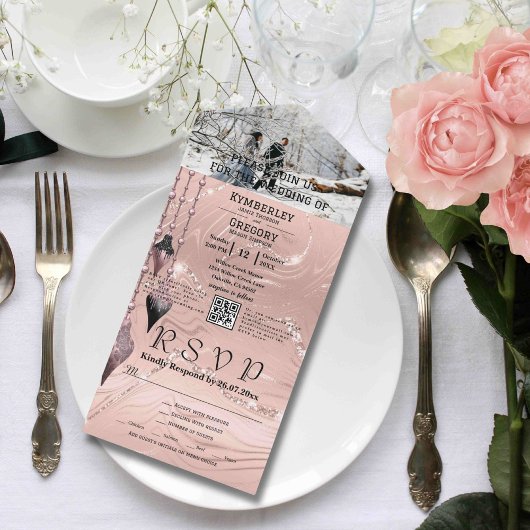 Glitzy Funkelnd Silver Pink Foto QR Code All In One Einladung