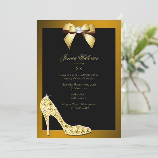 Glitzy Funkelnd Stiletto, Gold Bow Birthday Party Einladung (Stehend Vorderseite)