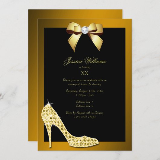 Glitzy Funkelnd Stiletto, Gold Bow Birthday Party Einladung (Vorne/Hinten)