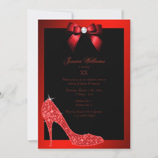 Glitzy Funkelnd Stiletto, Red Bow Birthday Party Einladung (Vorderseite)