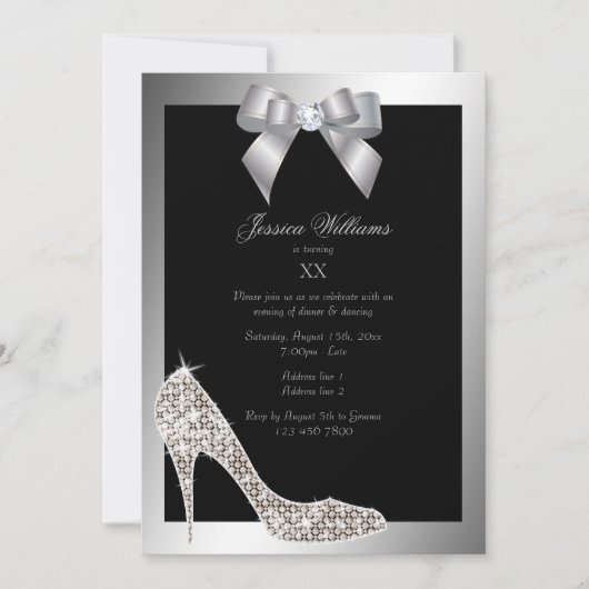 Glitzy Funkelnd Stiletto, Silver Bow Birthday Part Einladung (Vorderseite)