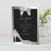 Glitzy Funkelnd Stiletto, Silver Bow Birthday Part Einladung (Stehend Vorderseite)