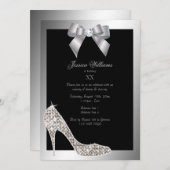 Glitzy Funkelnd Stiletto, Silver Bow Birthday Part Einladung (Vorne/Hinten)