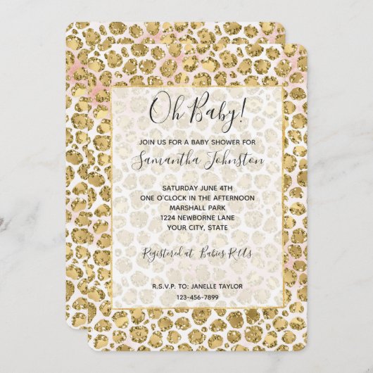 Glitzy Glam Gold Blush Glitzer Leopard Print  Einladung (Vorne/Hinten)