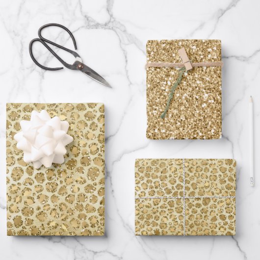 Glitzy Glam Gold Glitzer Leopard Print Geschenkpapier Set (Vorderseite)