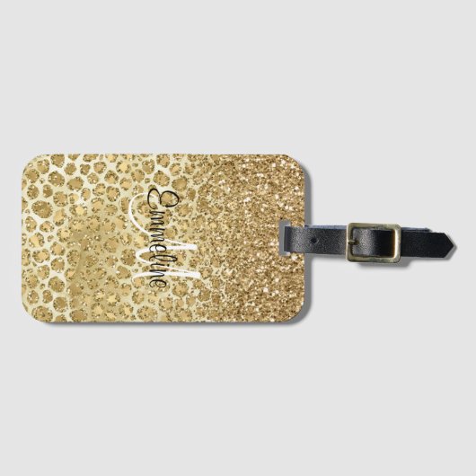 Glitzy Glam Gold Glitzer Leopard Print Monogram Gepäckanhänger (Vorderseite (Horizontal))