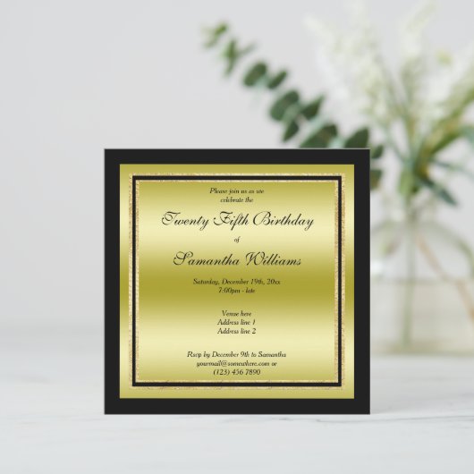 Glitzy Gold & Black Gerahmter Geburtstag Einladung (Stehend Vorderseite)