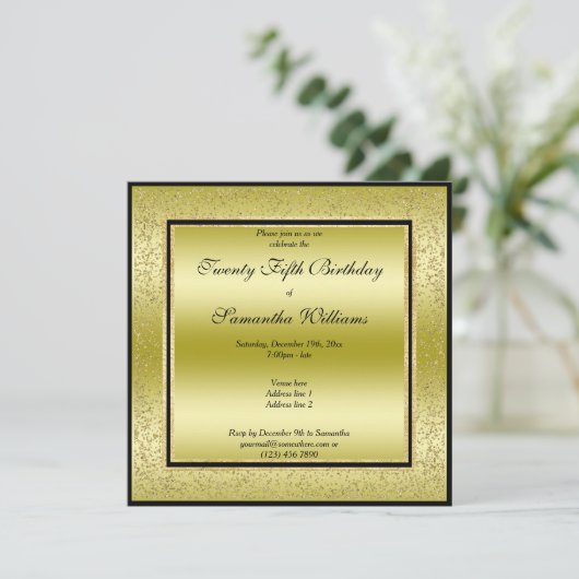Glitzy Gold & Black, Gold Glitzer Rahmen Geburtsta Einladung (Stehend Vorderseite)