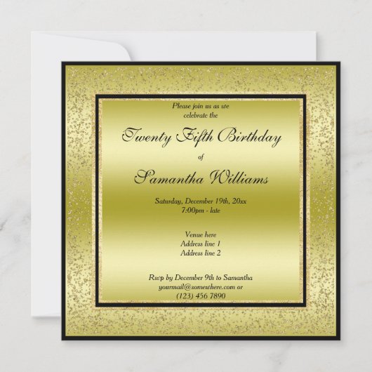 Glitzy Gold & Black, Gold Glitzer Rahmen Geburtsta Einladung (Vorderseite)