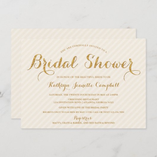 Glitzy Gold Glitzer Brautparty Einladung - Elfenbe (Vorne/Hinten)