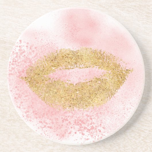 Glitzy Gold Lips Pink Confetti Kiss Getränkeuntersetzer (Vorne)