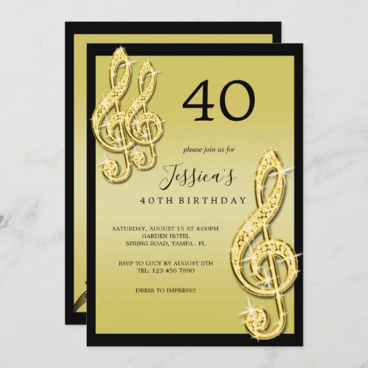 Glitzy Gold Musiknotens Geburtstag Einladung (Vorne/Hinten)
