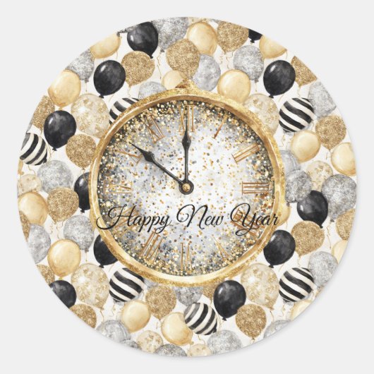 Glitzy Gold Silver Black New Year's Balloons Runder Aufkleber (Vorderseite)