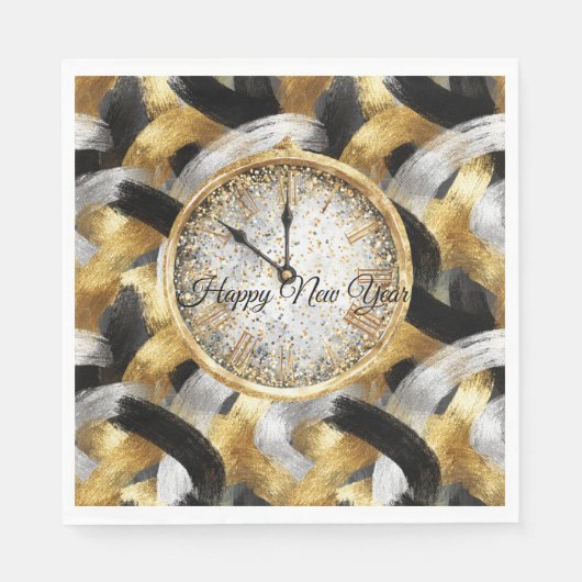 Glitzy Gold Silver Black New Year's Clock Serviette (Vorderseite)