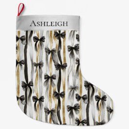 Glitzy Gold Silver Black Ribbons Bows Christmas Großer Weihnachtsstrumpf