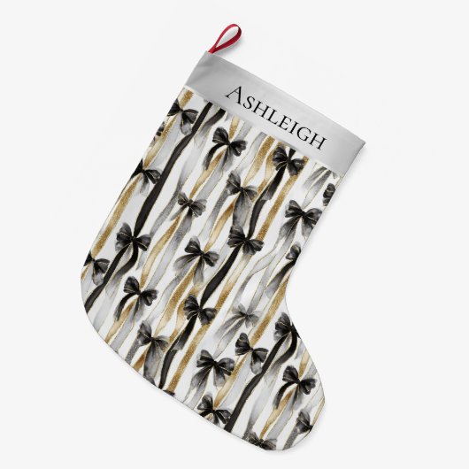 Glitzy Gold Silver Black Ribbons Bows Christmas Großer Weihnachtsstrumpf (Vorderansicht (hängend))