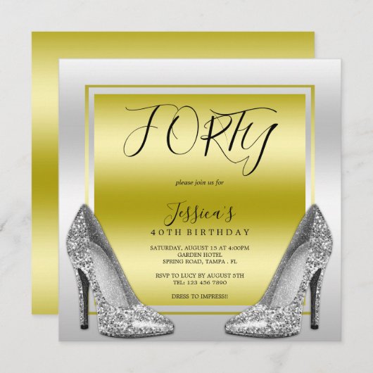 Glitzy Gold & Silver Stilettos 40. Geburtstag Einladung (Vorne/Hinten)