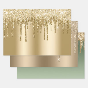 Glitzy Gold Sparkle Glitzer Tropfen Geburtstag Geschenkpapier Set