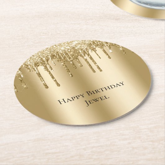 Glitzy Gold Sparkle Glitzer Tropfen Geburtstag Runder Pappuntersetzer (Angewinkelt)