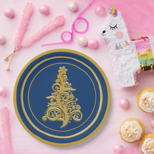 Glitzy Gold Tree mit Blue Background Holiday Pappteller (Party)