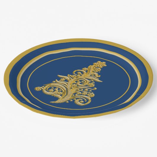 Glitzy Gold Tree mit Blue Background Holiday Pappteller (Schrägansicht)