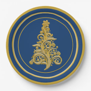 Glitzy Gold Tree mit Blue Background Holiday Pappteller