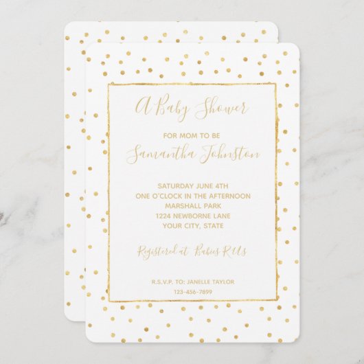 Glitzy Gold und White Confetti Babydusche Einladung (Vorne/Hinten)