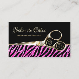 Glitzy Hot Pink Zebra Print Gold Scissors Salon Visitenkarte