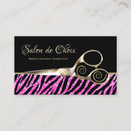 Glitzy Hot Pink Zebra Print Gold Scissors Salon Visitenkarte