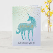 Glitzy Lila Aqua Sparkle Einhorn Name Karte (Gelbe Blume)