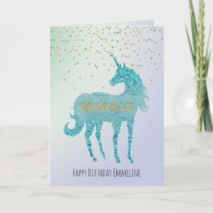 Glitzy Lila Aqua Sparkle Einhorn Name Karte