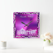 Glitzy Lila Princess Coach & Horses Quadratische Wanduhr (Zuhause)